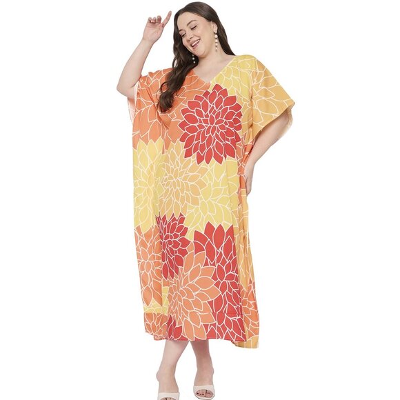 Gypsie Blu Floral Printed Plus Size Caftan Dress Summer Beach Cover Up Dresses - Picture 3 of 8